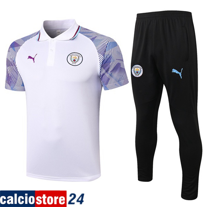Kit Maglia Polo Manchester City + Pantaloni Bianca/Viola 2020/2021