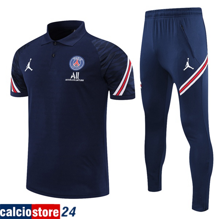 Nuova Kit Maglia Polo Jordan PSG + Pantaloni Blu Navy/Rosso 2021/2022